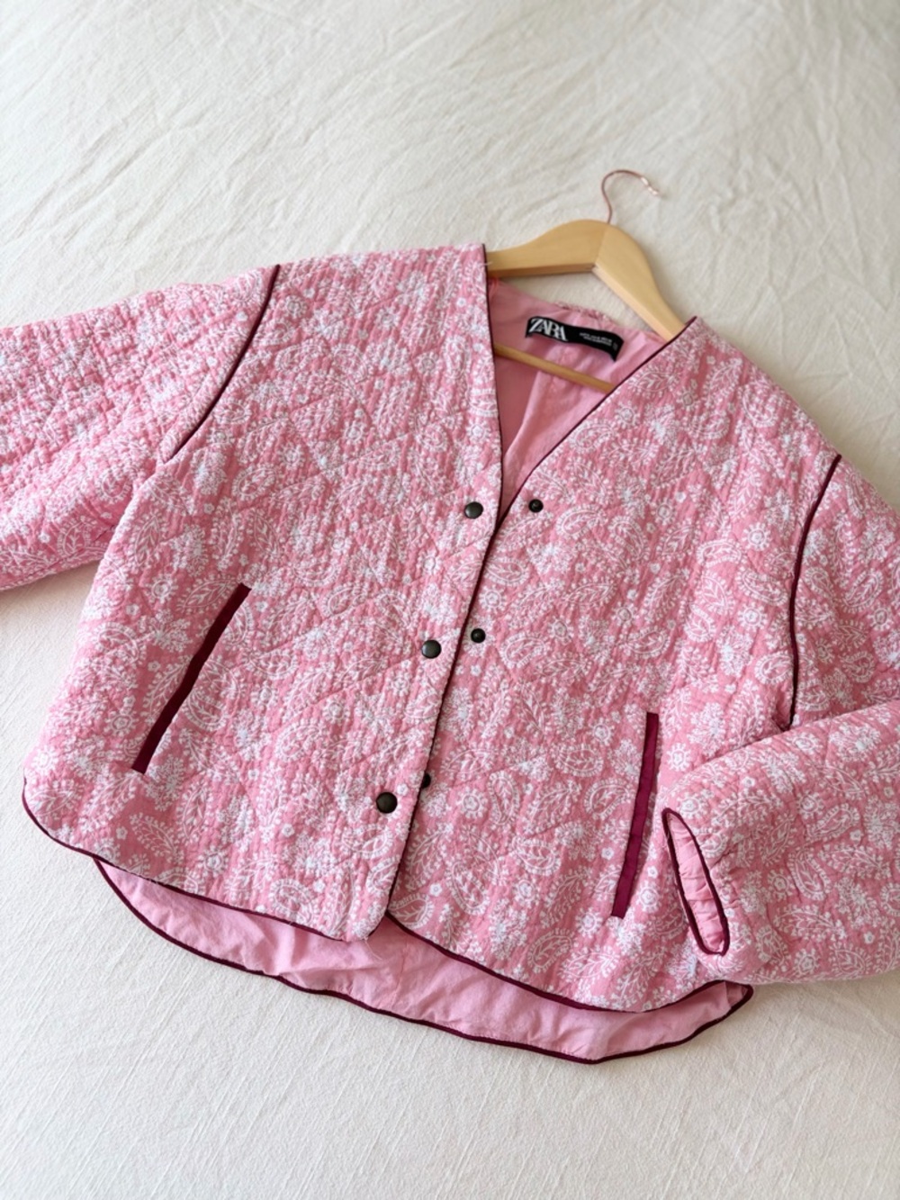 Zara | Cotton Pink Quilted Floral Snap Jacket with Burgundy Trim